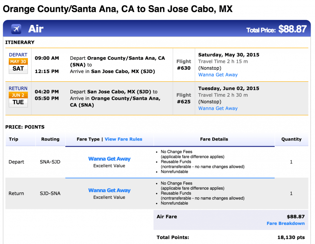 SNA to Cabo Southwest Airlines